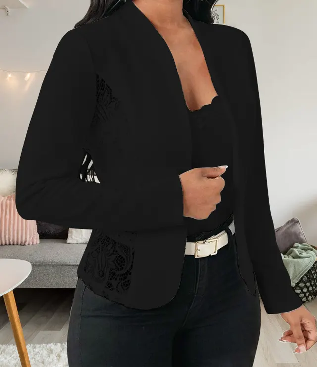 Elegant Temperament Patchwork Lace Slim Fit Long Sleeved Cardigan Jacket Black - Shop at LoveMi