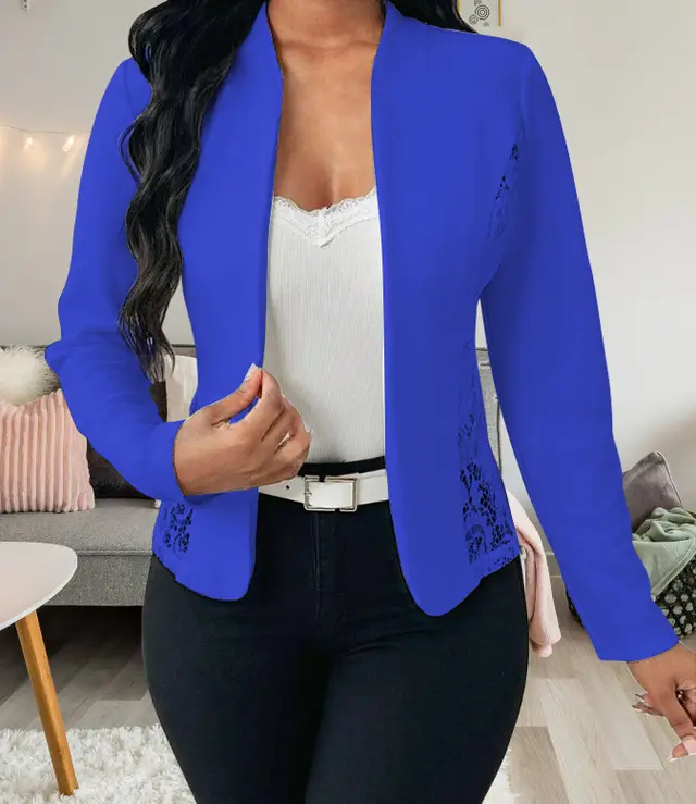 Elegant Temperament Patchwork Lace Slim Fit Long Sleeved Cardigan Jacket Blue - Shop at LoveMi