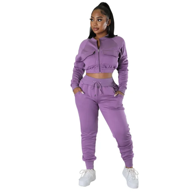 Sport Cardigan Short Coat Thinner Pants Sweater Two piece Set Purple - Shop at LoveMi