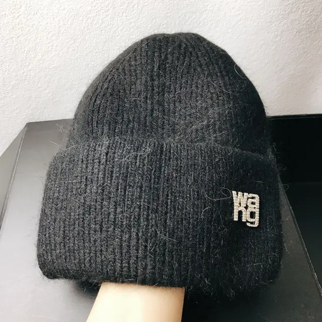 Rabbit Hair Double Fold Brim Knitted Hat Black - Shop at LoveMi