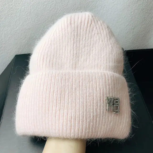 Rabbit Hair Double Fold Brim Knitted Hat Pink - Shop at LoveMi