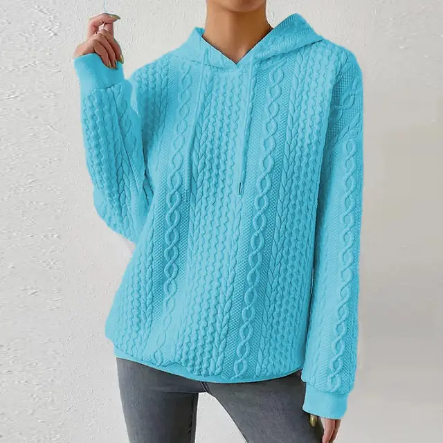 Hooded Tie Up Long Sleeved Sweatshirt Knitted Sky Blue - Shop at LoveMi