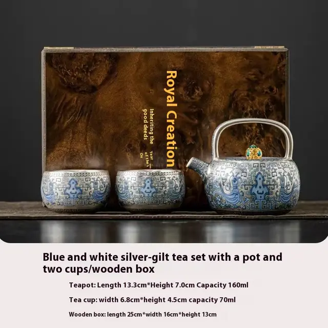 Gold And Silver Cuo Taotie Gilded Silver Teapot And Tea Set Blue And White Silver Gilded - Shop at LoveMi
