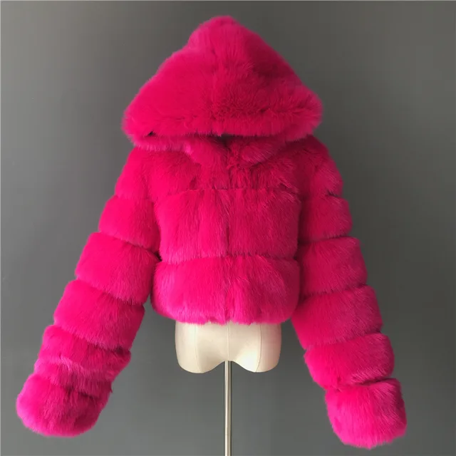 Short Hood Fox Fur Women's Long Sleeve Stitching Coat Rose Red - Shop at LoveMi