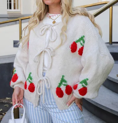 Cherry Embroidered Jacquard Cardigan Sweater For Women White - Shop at LoveMi