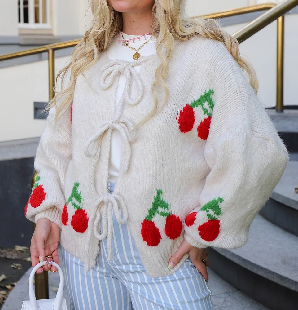 Cherry Embroidered Jacquard Cardigan Sweater For Women - White