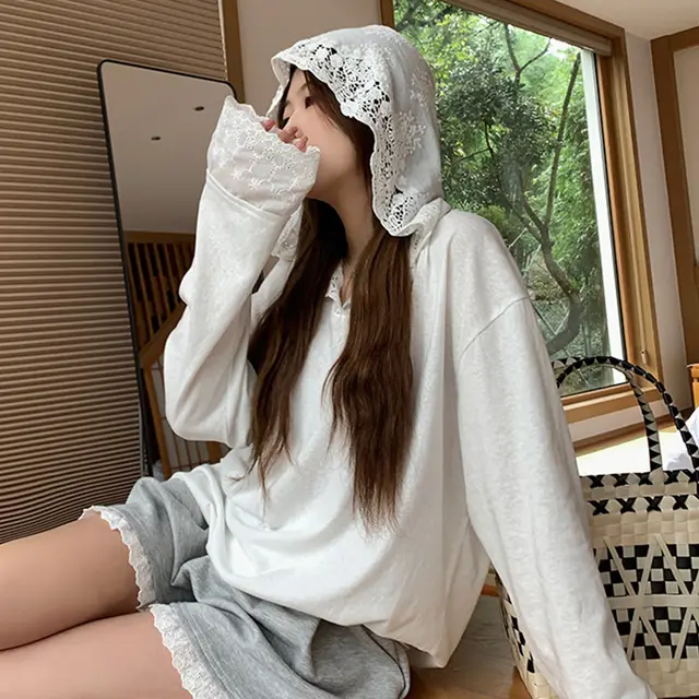 Crocheted Lace Stitching Hooded Loose Slimming And All matching Top White - Shop at LoveMi