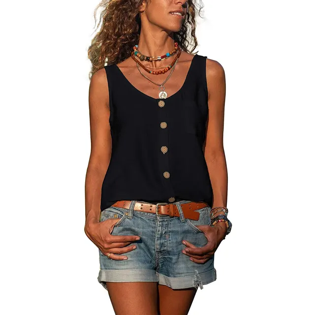 Summer Women's Solid Color And V neck Button Vest Shirt Black - Shop at LoveMi