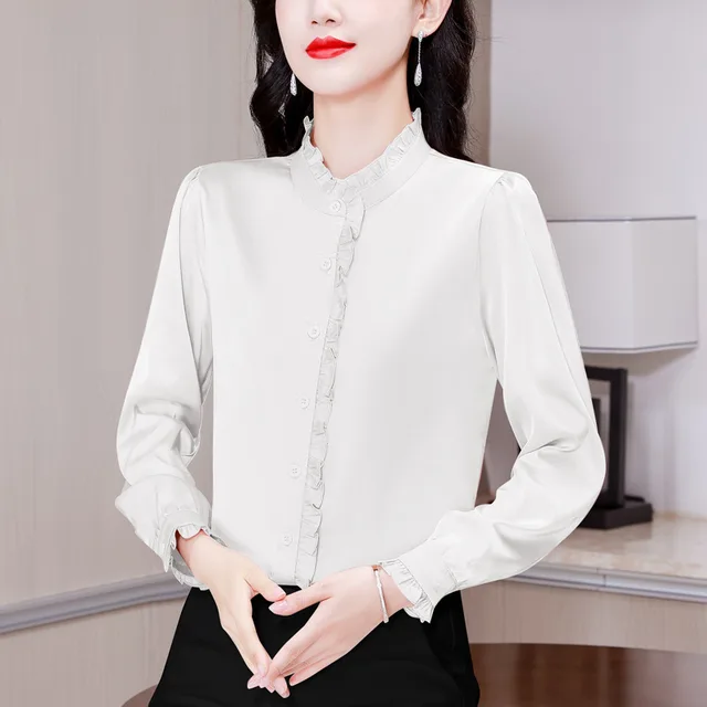 Temperament Long Sleeve Stringy Selvedge Stand Collar Top White - Shop at LoveMi