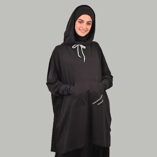 Middle East Arabic Solid Color Hooded Drawstring Pocket Two piece Sports Suit Black - Shop at LoveMi