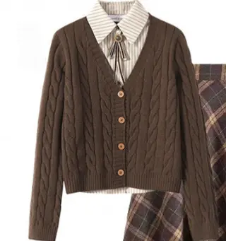 Knitted Top Retro Plaid Skirt Two-piece Set - C359 Brown Sweater