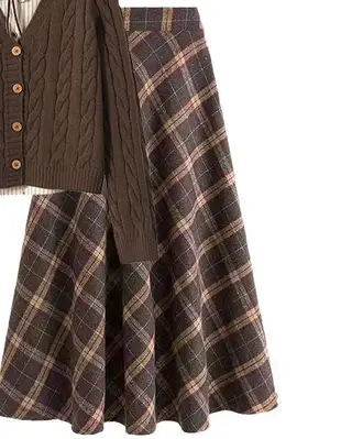 Knitted Top Retro Plaid Skirt Two-piece Set - M869 Plaid Skirt