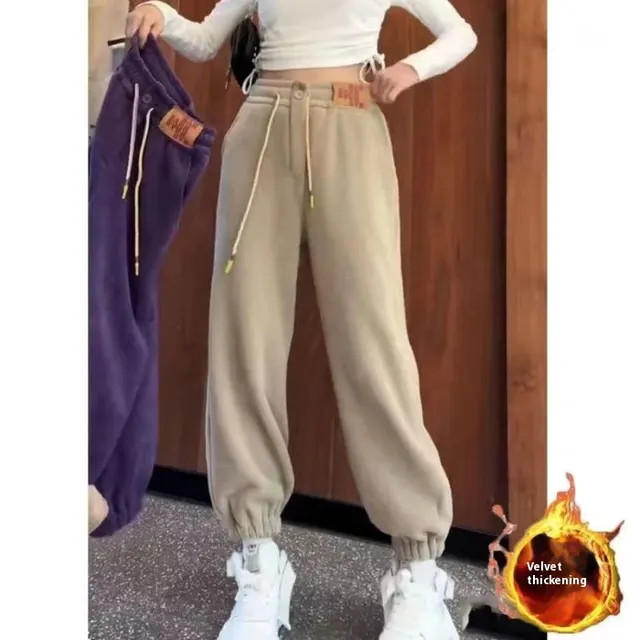 Fleece lined Thick Track Pants Medium And Large Children Autumn And Winter Warm And Loose Leisure One Lambswool Outer Wear Trousers Beige Plus Ve... Beige Plus Velvet Thickened - Shop at LoveMi