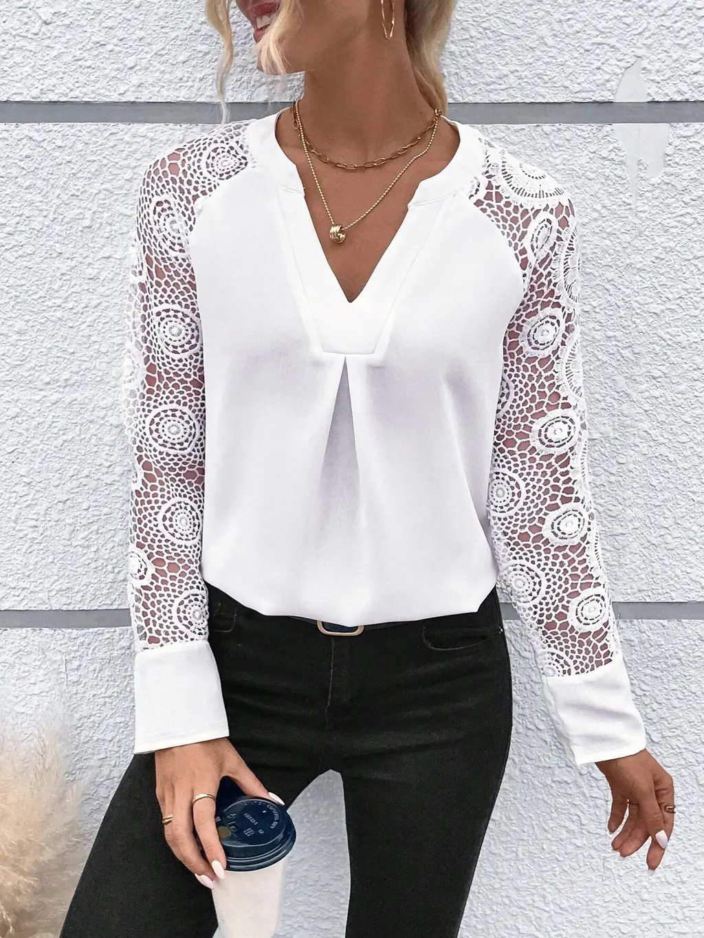 Women's Casual Lace Stitching Solid Color Top - White