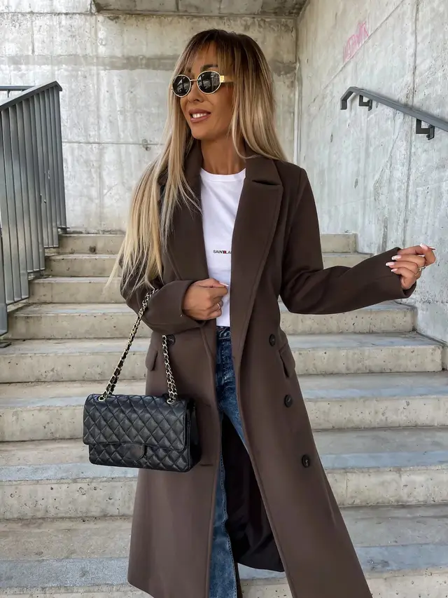 Double breasted Lapel Split Jacket With Belt Winter Fashion Casual Long Sleeve Button Daily Coats For Women Clothing Brown - Shop at LoveMi