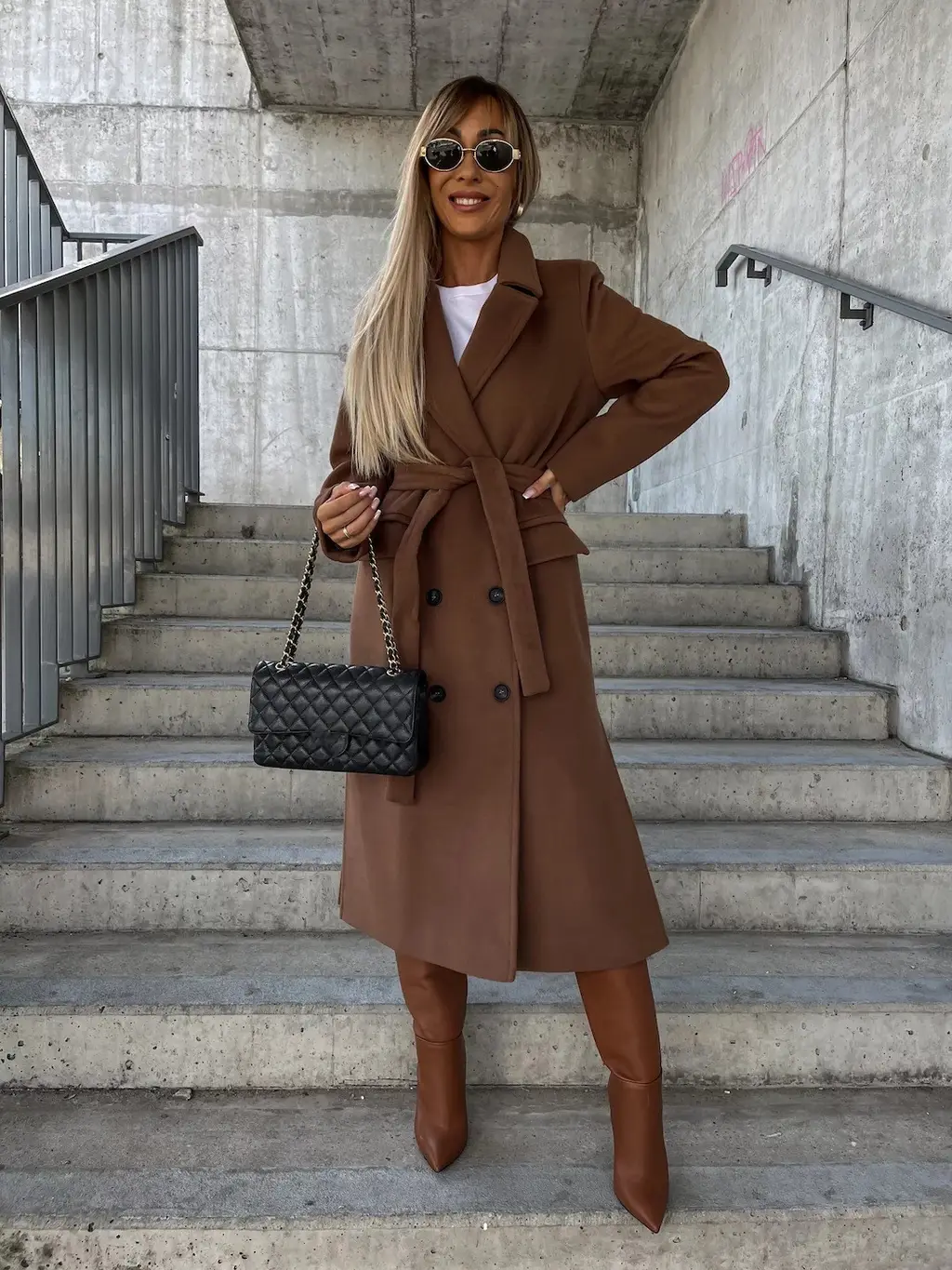 Double-breasted Lapel Split Jacket With Belt Winter Fashion Casual Long Sleeve Button Daily Coats For Women Clothing - Coffee
