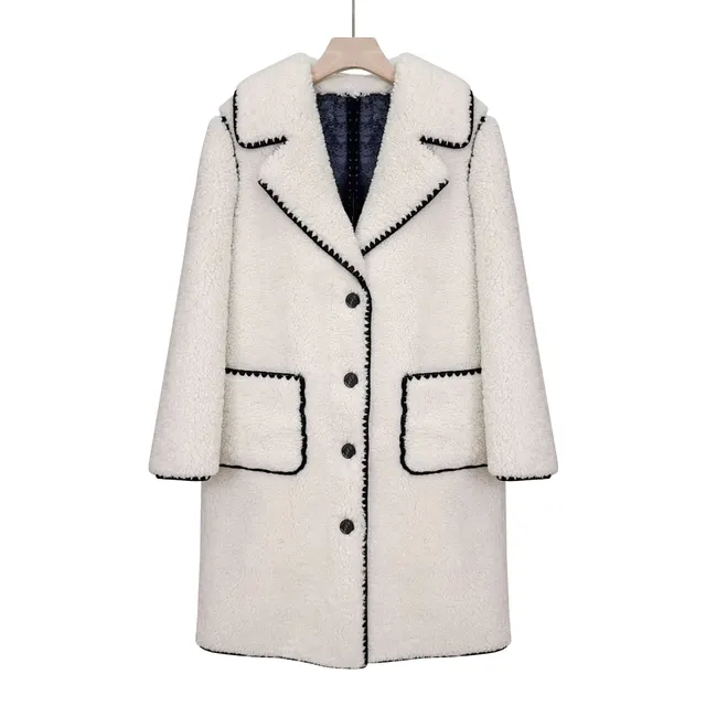 Fashion Women's Wear Casual Black And White Contrast Color Suit Collar Loose Long Furry Thick Overcoat Coat White - Shop at LoveMi