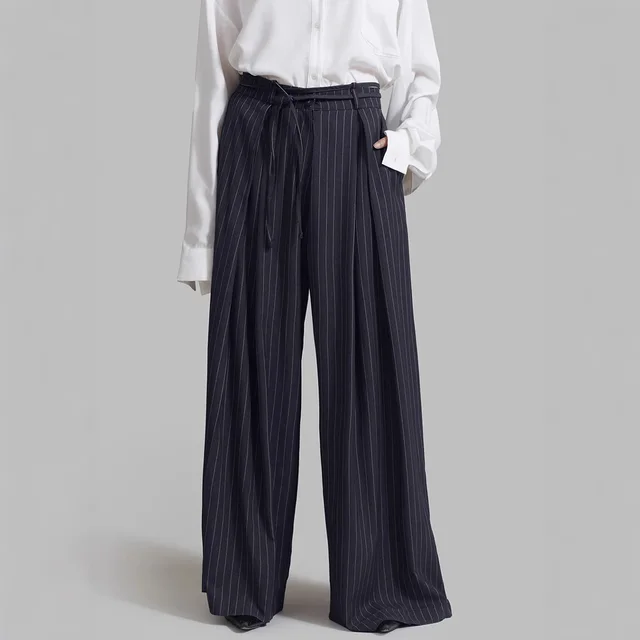 High Waist Striped Baggy Pants Navy Blue - Shop at LoveMi