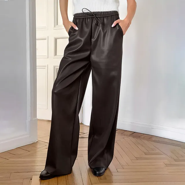 Casual Leather High waisted Trousers Brown - Shop at LoveMi