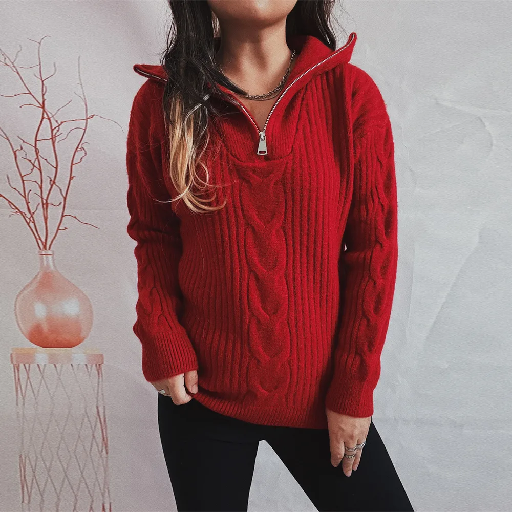 Twist Vertical Stripes Zipper And Lapel Long Sleeve Sweater Red - Shop at LoveMi