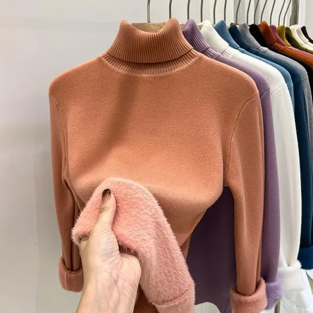 Women's Warm Thickened Inner Wear Long sleeved Knitted Top Pink - Shop at LoveMi