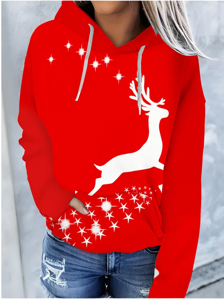 Christmas Color Pattern Printed Drawstring Hooded Sweater - Lbw231104528