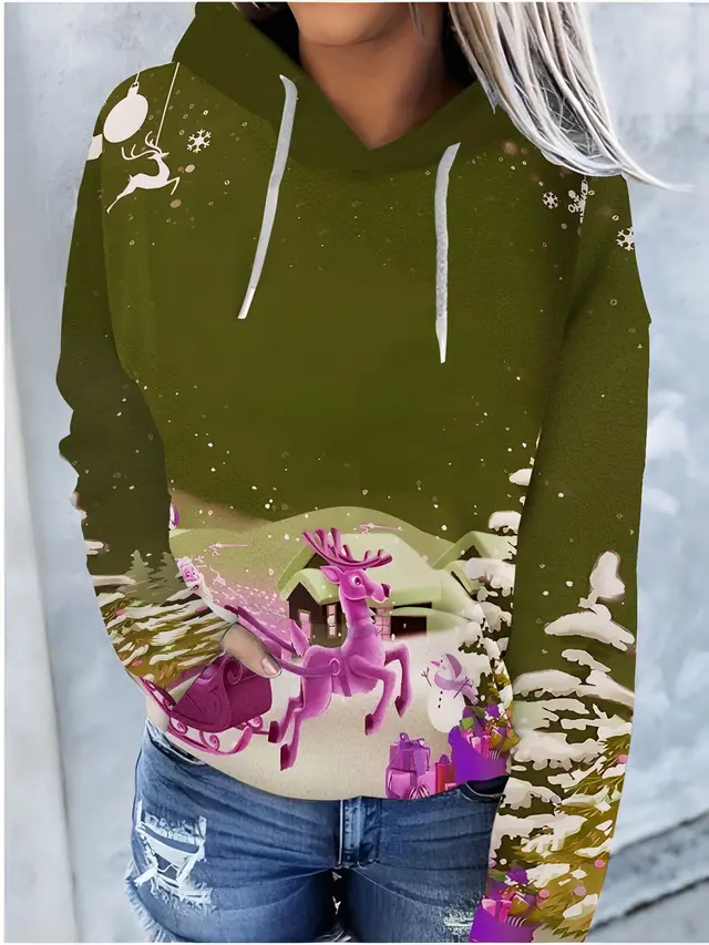 Christmas Color Pattern Printed Drawstring Hooded Sweater Lbw231104532 - Shop at LoveMi