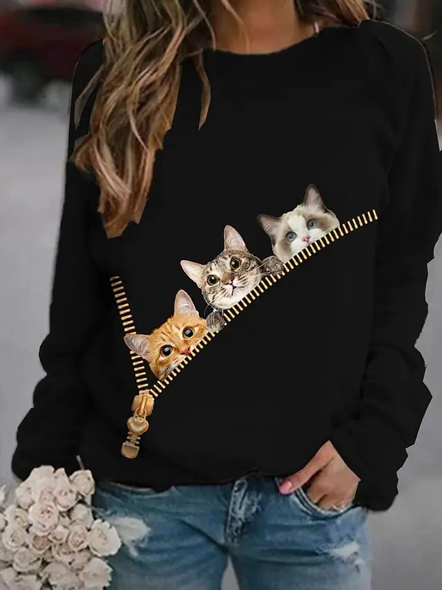 Christmas Round Neck Long Sleeve Pullover Leisure Printed Fleece Hoodie Black - Shop at LoveMi