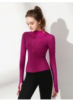 Slimming Zipper Long Sleeve Stand Collar Cardigan Top - Wild Berry Color