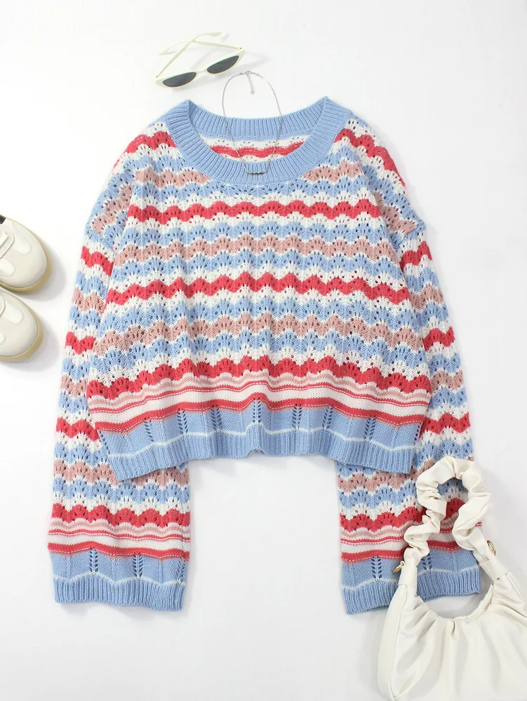 Striped Hollow out Knitted Round Neck Loose Contrast Color Fashion Pullover Top Women's Clothing Color - Shop at LoveMi