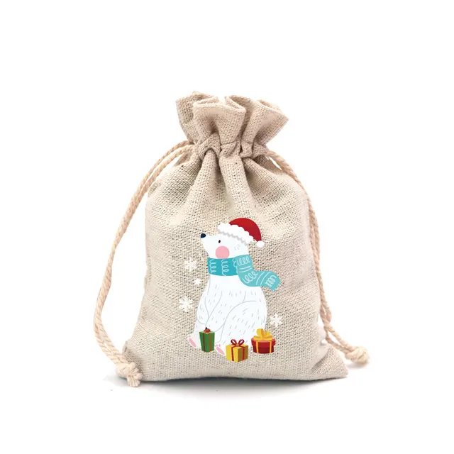 Christmas Cotton Drawstring Colorful Cartoon Gift Bag Blue Scarf White Bear - Shop at LoveMi