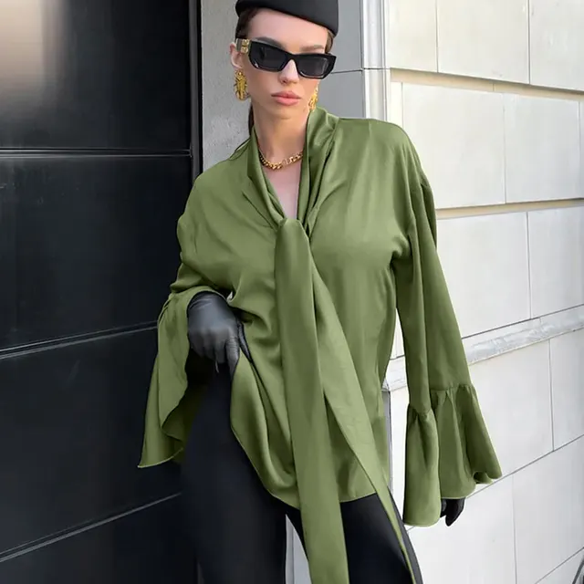 Satin Tie neck Bell Sleeve Ruffled Tied Shirt Green - Shop at LoveMi