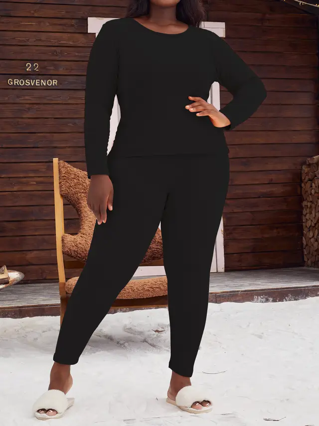 Plus Size Pajamas Women's Round Neck Long Sleeve Shorts Black - Shop at LoveMi