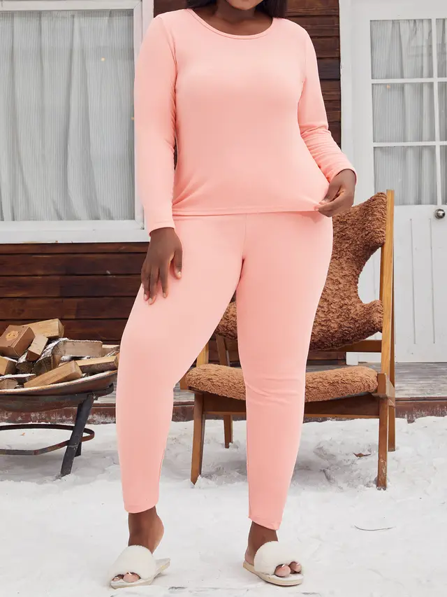 Plus Size Pajamas Women's Round Neck Long Sleeve Shorts Pink - Shop at LoveMi