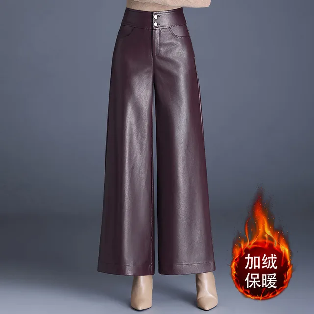 High Waist Thickened Loose Big Leg Straight All matching Wide Leg Pants For Women Red With Velvet Lining - Shop at LoveMi
