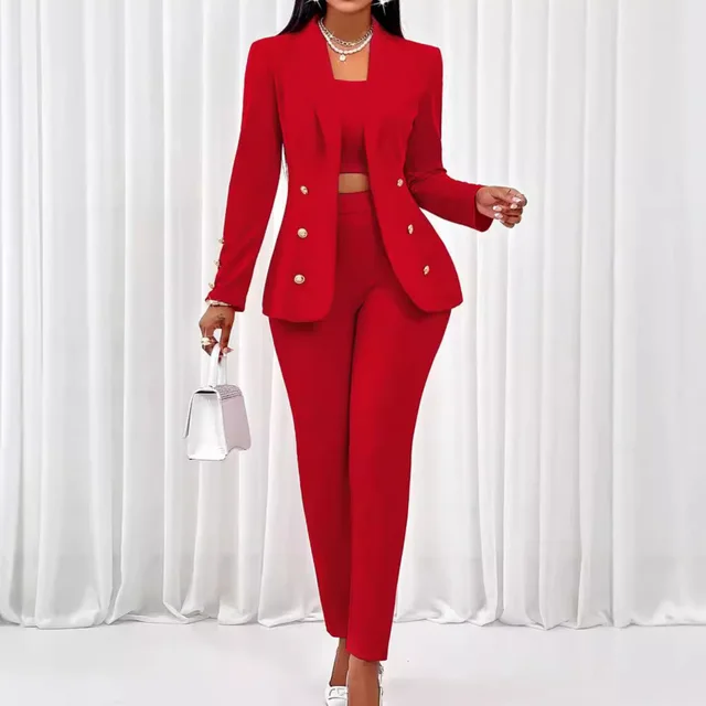 Women's Temu Fall Winter Fashion Long Sleeve Small Suit Outfit Three piece Suit Red - Shop at LoveMi