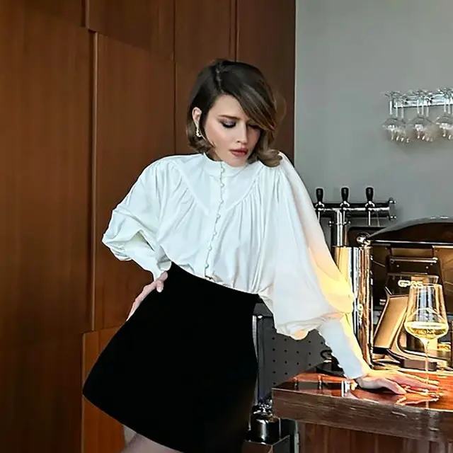 White Casual Small Stand up Collar Puff Sleeve Pleated Shirt White - Shop at LoveMi