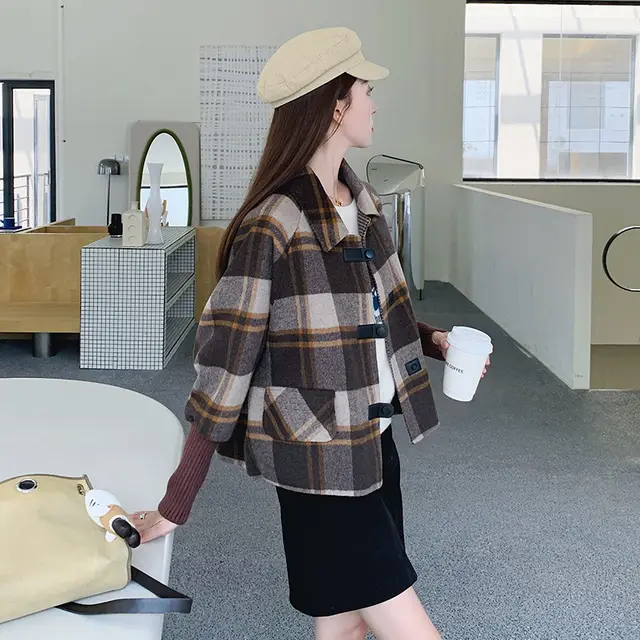 Casual Plaid Short Design Sense Thick Woolen Coat Women Plaid - Shop at LoveMi