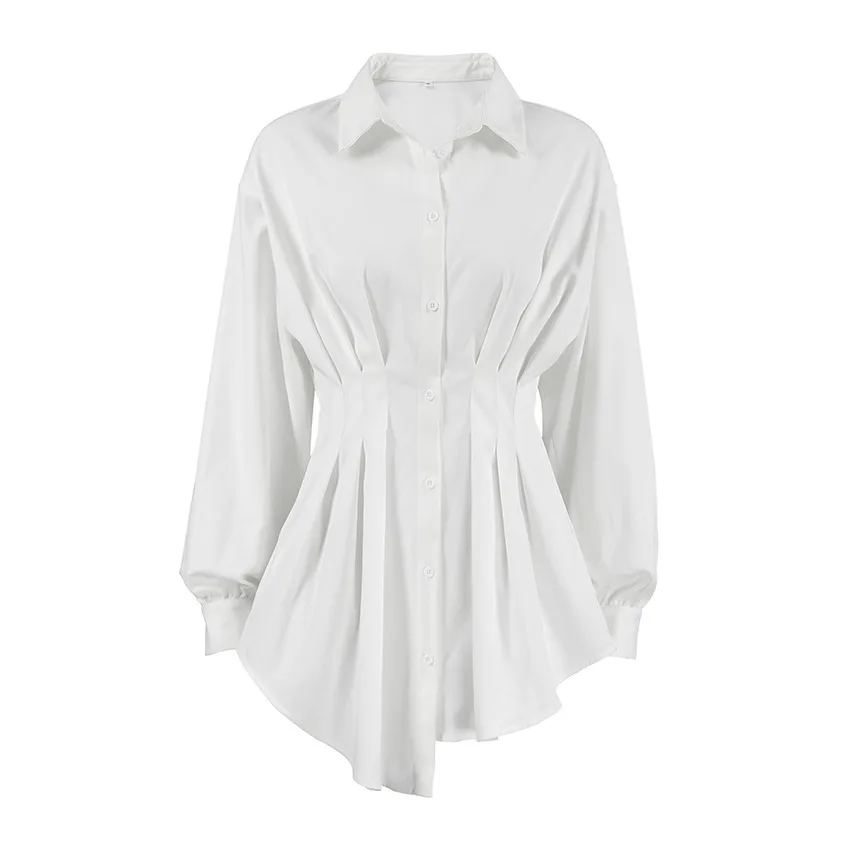 Cinched Pleated Lapel Long Sleeve Shirt White - Shop at LoveMi