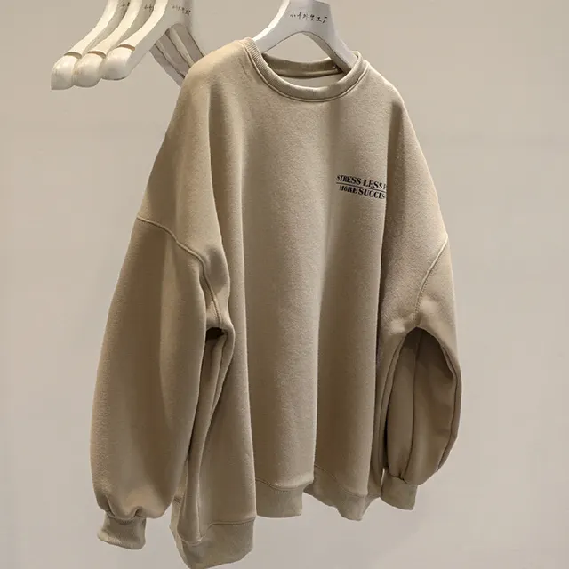 Fleece lined Thick Lazy Round Neck Loose Sweatshirt Women Khaki - Shop at LoveMi