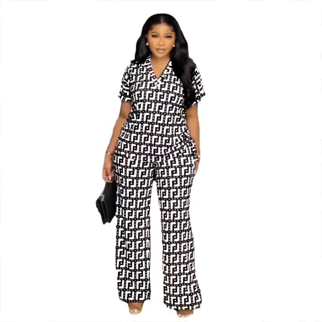 European And American Printed V neck Pleating Wide Leg Pants Two piece Set Black - Shop at LoveMi