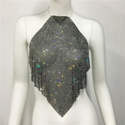 European And American Metal Sequins Sexy Suspenders Hot Girls Rhinestone Halter Spaghetti Straps Tops Black - Shop at LoveMi