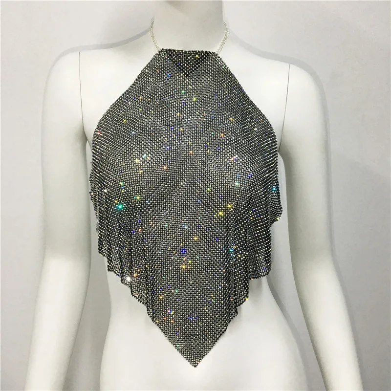 European And American Metal Sequins Sexy Suspenders Hot Girls Rhinestone Halter Spaghetti Straps Tops - Black