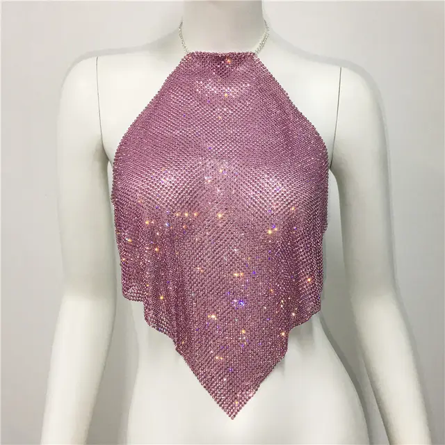 European And American Metal Sequins Sexy Suspenders Hot Girls Rhinestone Halter Spaghetti Straps Tops Pink - Shop at LoveMi