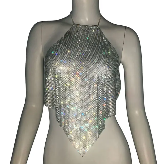 European And American Metal Sequins Sexy Suspenders Hot Girls Rhinestone Halter Spaghetti Straps Tops Silver - Shop at LoveMi