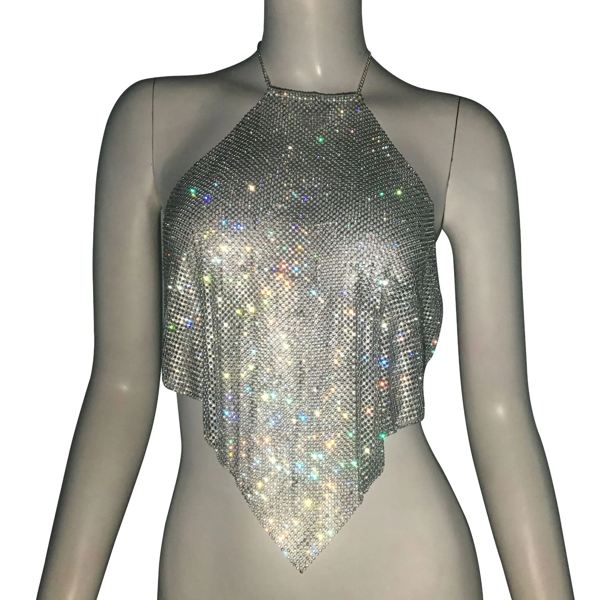 European And American Metal Sequins Sexy Suspenders Hot Girls Rhinestone Halter Spaghetti Straps Tops - Silver
