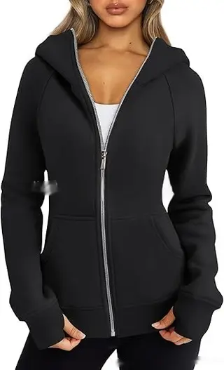 Women's Zipper Short Hood Fleece Lined Solid Color Hoodie Sweater - Black