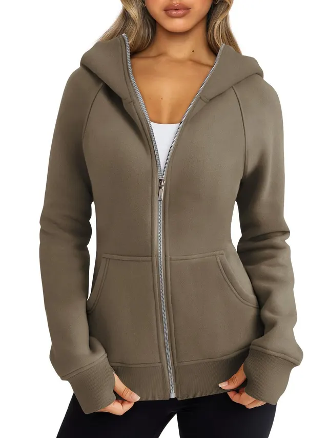 Women's Zipper Short Hood Fleece Lined Solid Color Hoodie Sweater Coffee - Shop at LoveMi