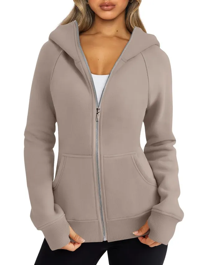 Women's Zipper Short Hood Fleece Lined Solid Color Hoodie Sweater Khaki - Shop at LoveMi