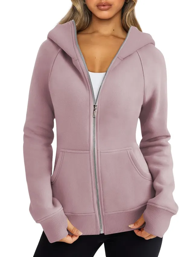 Women's Zipper Short Hood Fleece Lined Solid Color Hoodie Sweater Pink - Shop at LoveMi